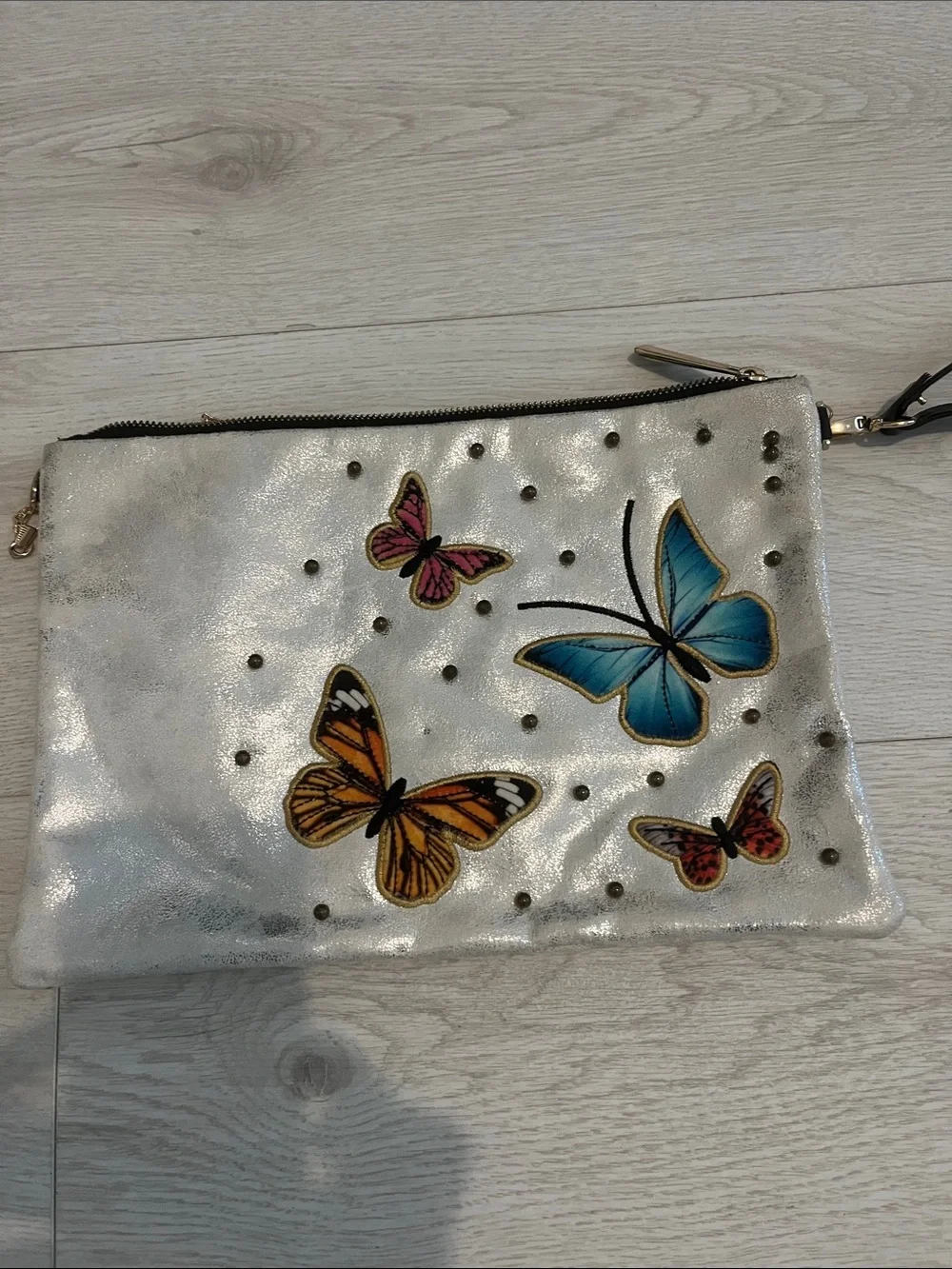 Butterfly Embroidered Silver Wristlet Pouch